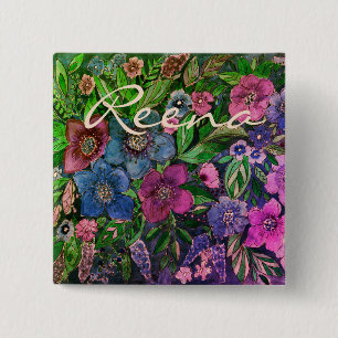 watercolor, blue and purple, anemones watercolor 2 inch square button