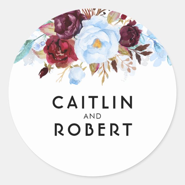 Watercolor Blue and Red Flowers Classic Round Sticker (Front)