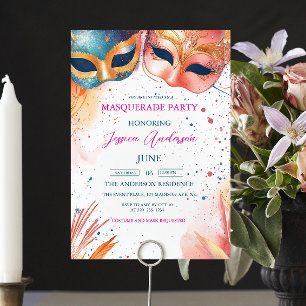 Watercolor Blue and Red Masquerade Party Birthday Invitation