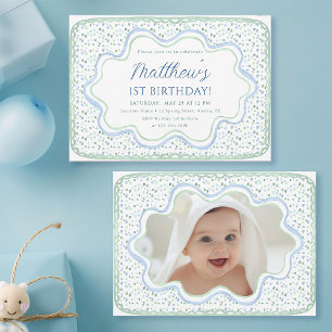 Watercolor Blue and Sage Green 1st Birthday Photo Invitation