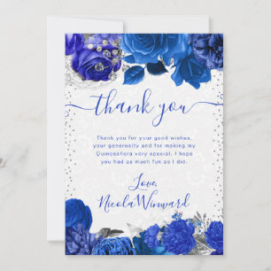 Watercolor Blue and Silver Flowers Quinceanera Thank You Card