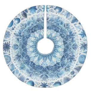Watercolor Blue and White Christmas Holiday Brushed Polyester Tree Skirt