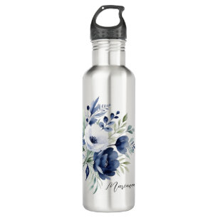Watercolor Blue and White Floral Bouquet  710 Ml Water Bottle
