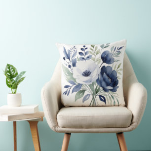 Watercolor Blue and White Floral Bouquet  Throw Pillow