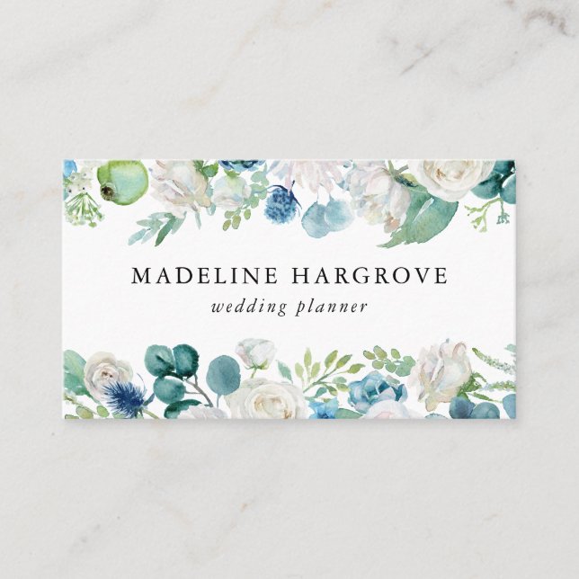 Watercolor Blue and White Floral Garland Business Card (Front)