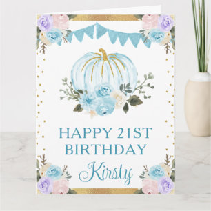 Watercolor Blue and White Floral Pumpkin Birthday Card