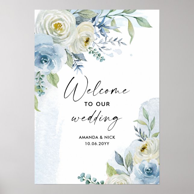 Watercolor Blue and White Floral Wedding Welcome  Poster (Front)