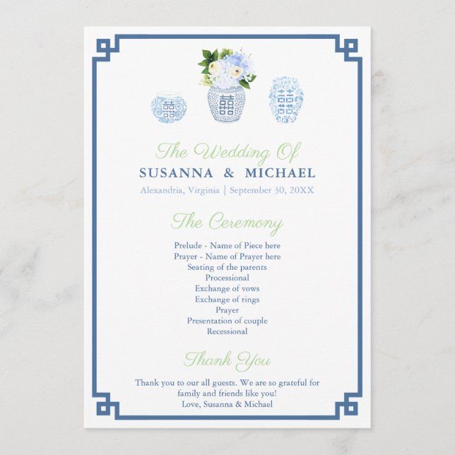 Watercolor Blue And White Ginger Jar Wedding  Program (Front)