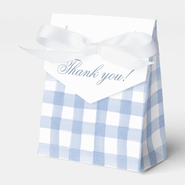 Watercolor Blue and White Gingham Crest Favor Box (Front Side)