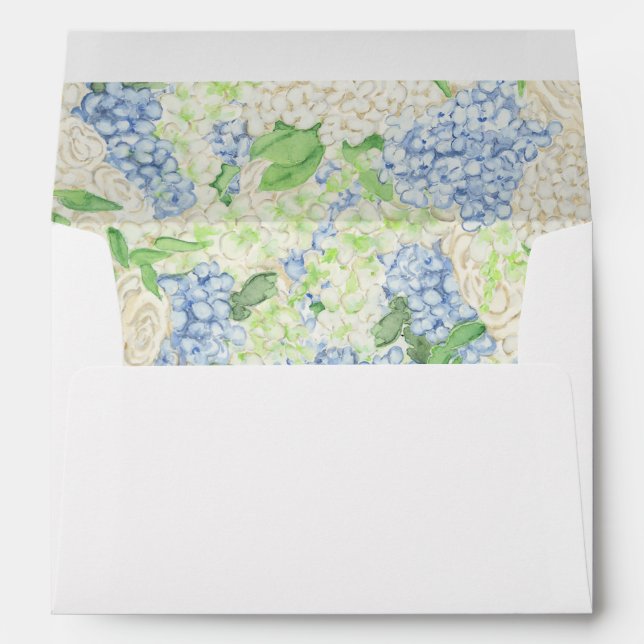 Watercolor Blue and White Hydrangea Crest Envelope (Back (Bottom))