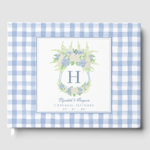 Watercolor Blue and White Hydrangea Crest Gingham Guest Book