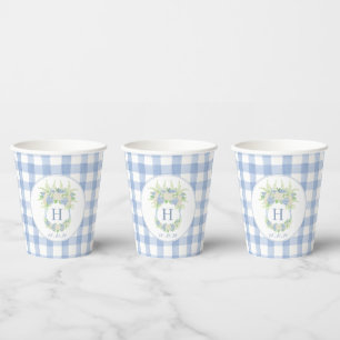 Watercolor Blue and White Hydrangea Crest Gingham Paper Cups
