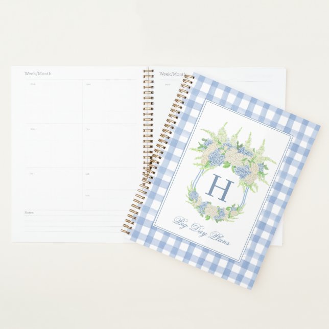 Watercolor Blue and White Hydrangea Crest Gingham  Planner (Display)
