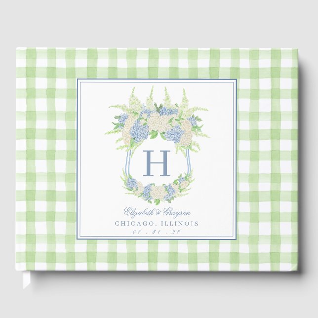 Watercolor Blue and White Hydrangea Crest Guest Book (Front)