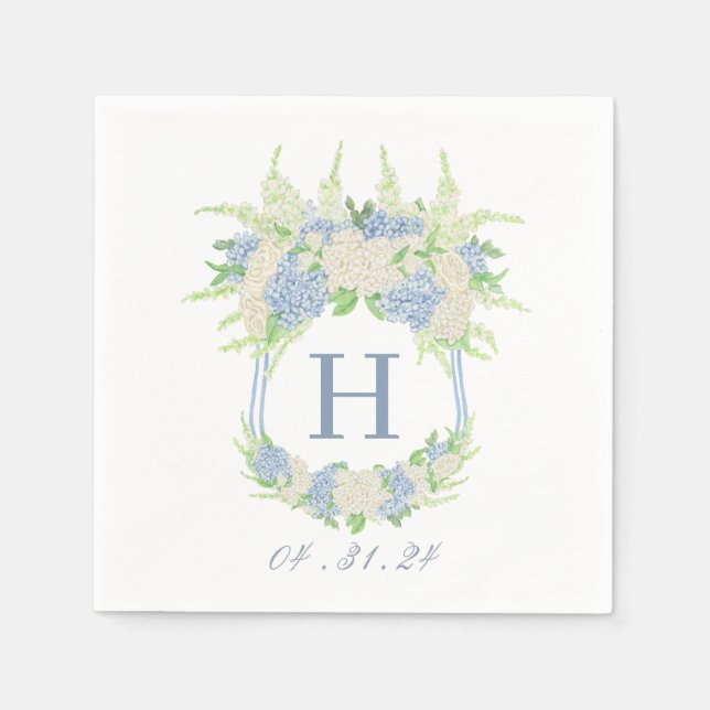 Watercolor Blue and White Hydrangea Crest Napkin (Front)