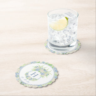 Watercolor Blue and White Hydrangea Crest Paper Coaster