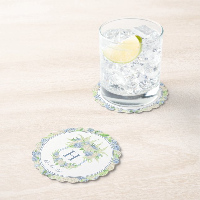 Watercolor Blue and White Hydrangea Crest Paper Coaster (Insitu)