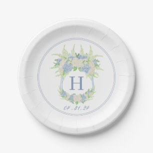 Watercolor Blue and White Hydrangea Crest Paper Plate