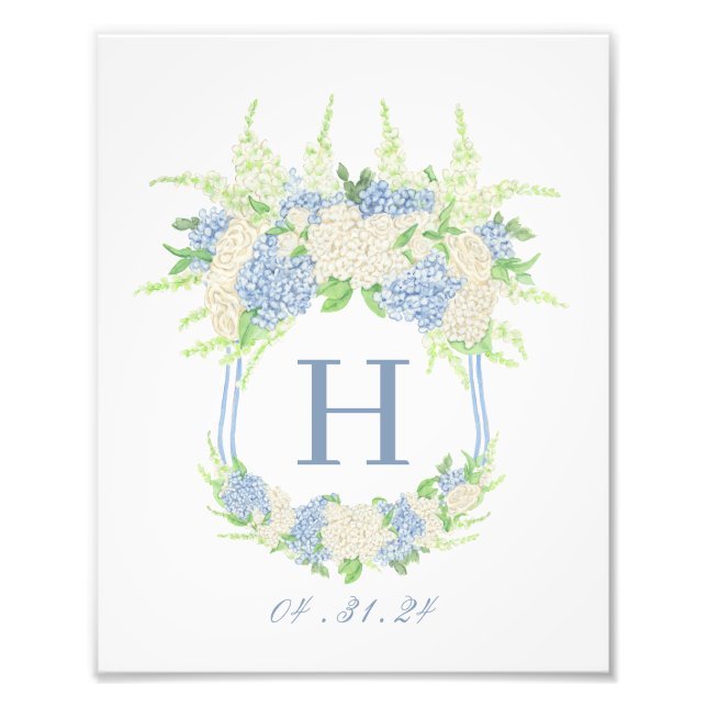 Watercolor Blue and White Hydrangea Crest Photo Print (Front)