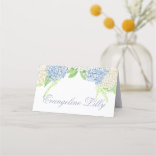 Watercolor Blue and White Hydrangea Crest Wedding  Place Card