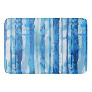 Watercolor Blue and White Striped Bath Mat