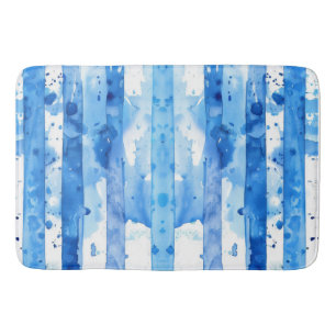 Watercolor Blue and White Striped Beach Decor Bath Mat