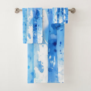 Watercolor Blue and White Striped Beach Decor Bath Towel Set