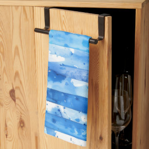 Watercolor Blue and White Striped Beach Decor Kitchen Towel
