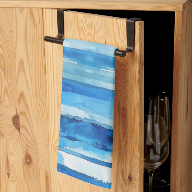 Watercolor Blue and White Striped Kitchen Towel (Thirds Fold)
