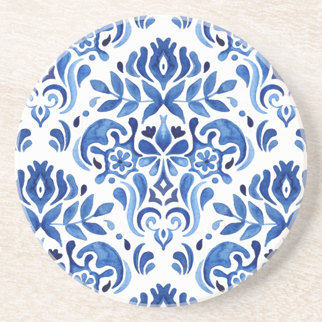 Watercolor Blue and White Tiles Pattern Coaster (Front)