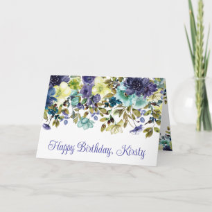 Watercolor Blue and White Winter Flowers Birthday Card