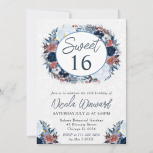 Watercolor Blue and White Winter Wreath Sweet 16 Invitation