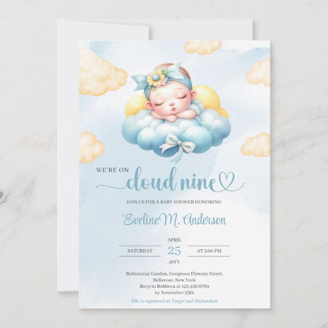 Watercolor blue and yellow cloud nine baby girl invitation (Front)