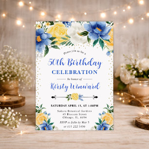 Watercolor Blue and Yellow Flowers 50th Birthday Invitation