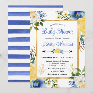 Watercolor Blue and Yellow Flowers Baby Shower Invitation