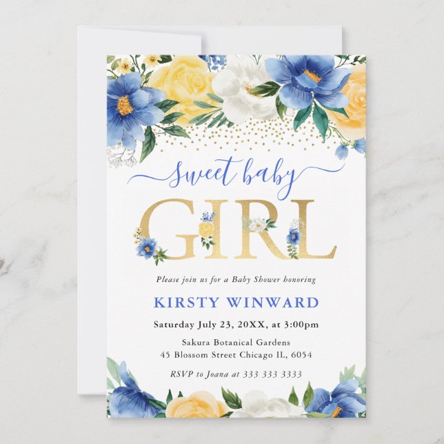 Watercolor Blue and Yellow Flowers Baby Shower Invitation (Front)