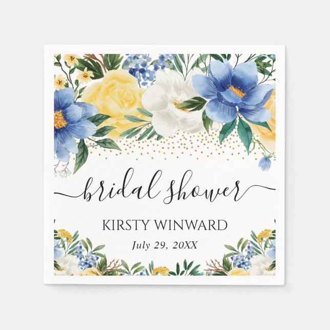 Watercolor Blue and Yellow Flowers Bridal Shower Napkin (Front)