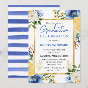 Watercolor Blue and Yellow Flowers Graduation Invitation