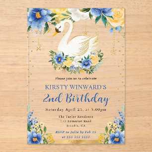 Watercolor Blue and Yellow Flowers Swan Birthday Acrylic Invitations