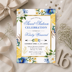Watercolor Blue and Yellow Flowers Sweet 16 Invitation