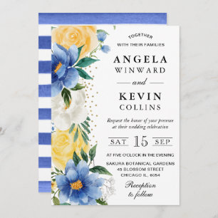 Watercolor Blue and Yellow Flowers Wedding Invitation