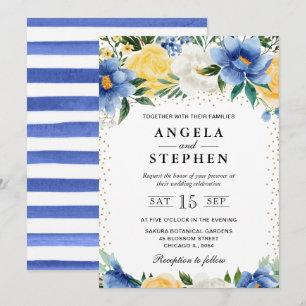 Watercolor Blue and Yellow Flowers Wedding Invitation