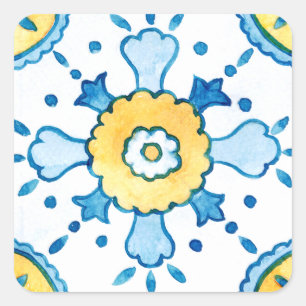 Watercolor Blue and Yellow Moroccan Tile Pattern Square Sticker