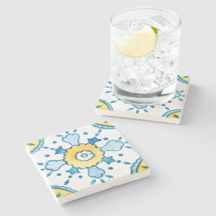Watercolor Blue and Yellow Moroccan Tile Pattern Stone Coaster
