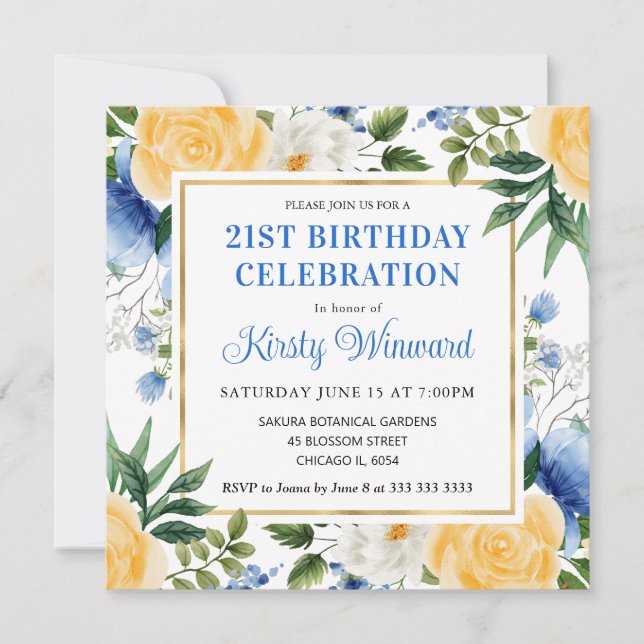 Watercolor Blue and Yellow Summer Flowers Birthday Invitation (Front)