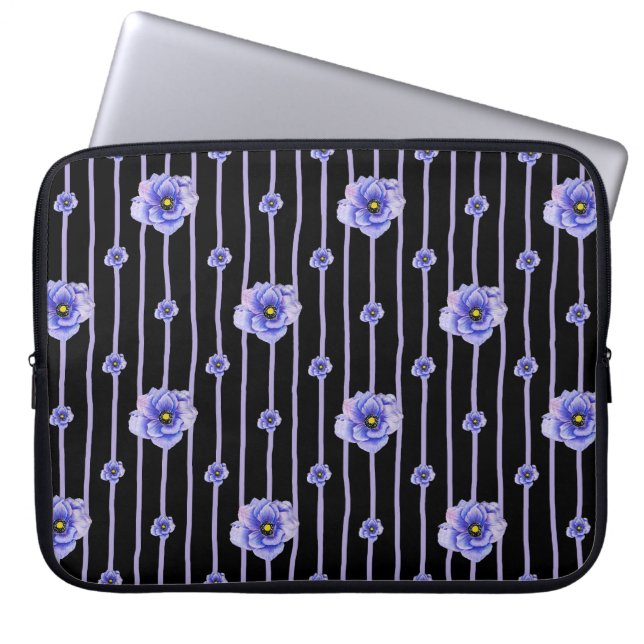 WATERCOLOR BLUE ANEMONE POPPIES LAPTOP SLEEVE (Front)