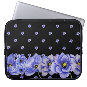 WATERCOLOR BLUE ANEMONE POPPIES LAPTOP SLEEVE