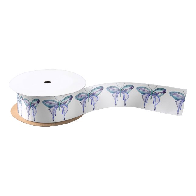 Watercolor blue Aqua Purple butterfly Satin Ribbon (Spool)