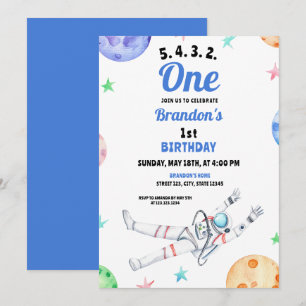 Watercolor Blue Astronaut Baby 1st Birthday Invitation