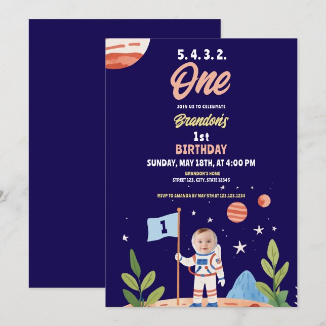 Watercolor Blue Astronaut Flag Photo 1st Birthday  Invitation (Front/Back)